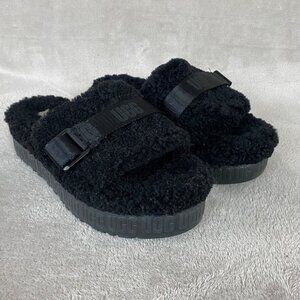 Fluffita Flatform Womens Slide Slipper Black Sheepskin Platform Sandal